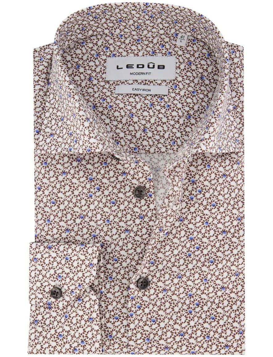 Ledub overhemd Modern Fit bruin wit katoen mouwlengte 7