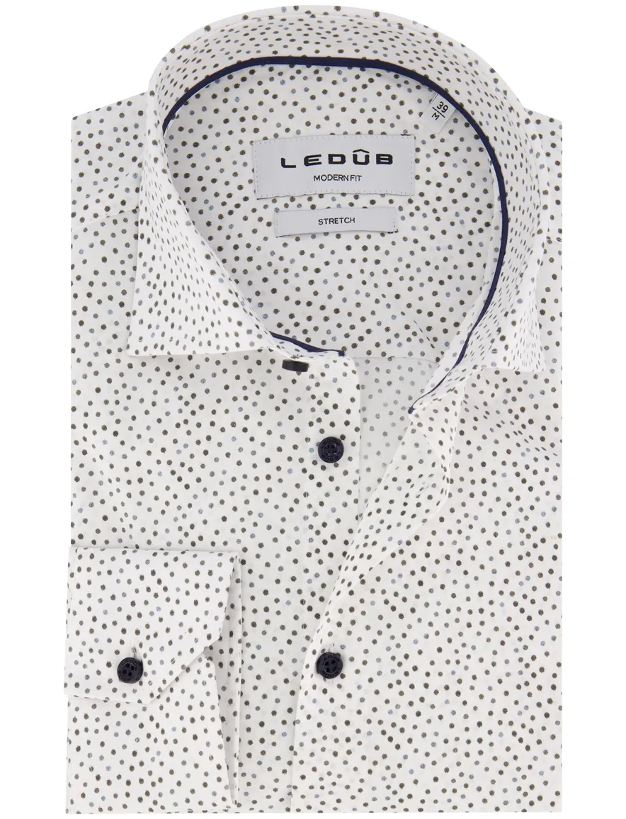 Ledub overhemd Modern Fit wit en bruin gestipt stretch