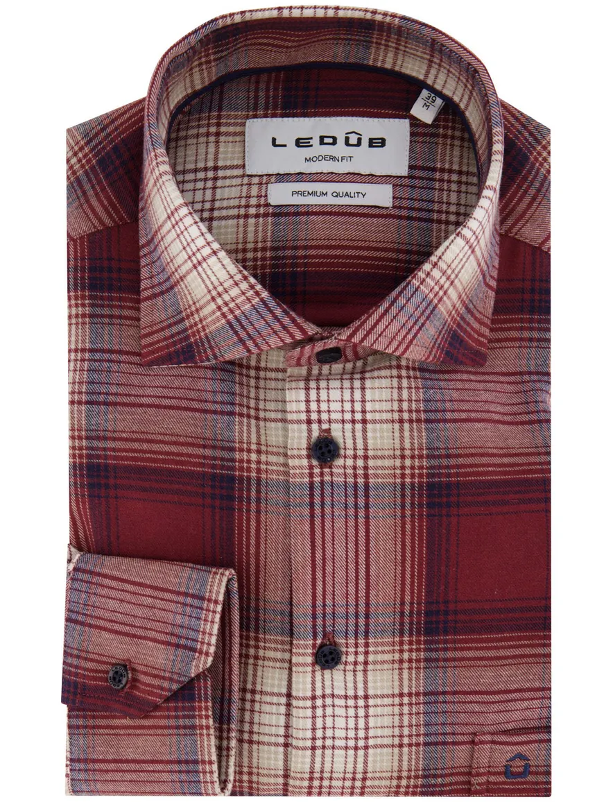 Ledub overhemd rood geruit Modern Fit flanel borstzak