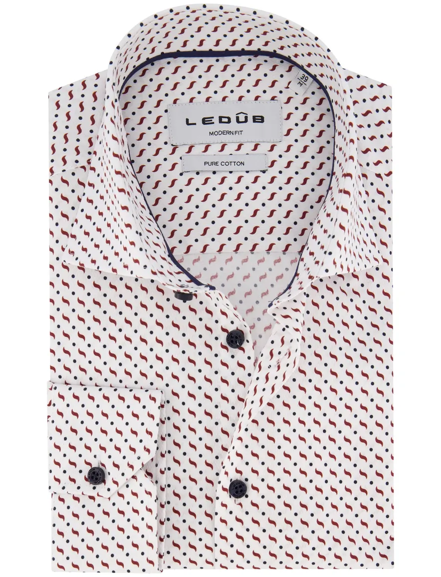 Ledub overhemd wit geprint Modern Fit wide spread boord