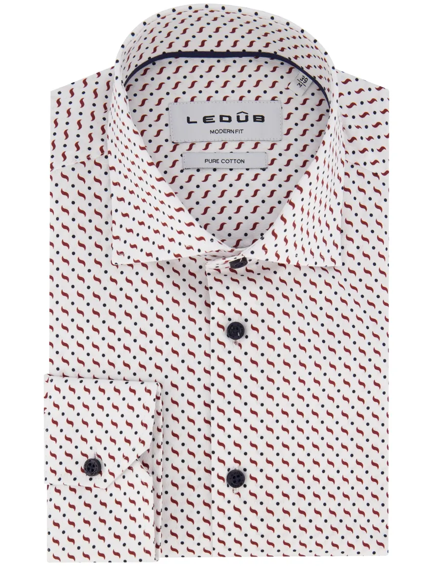 Ledub overhemd wit geprint Modern Fit wide spread boord