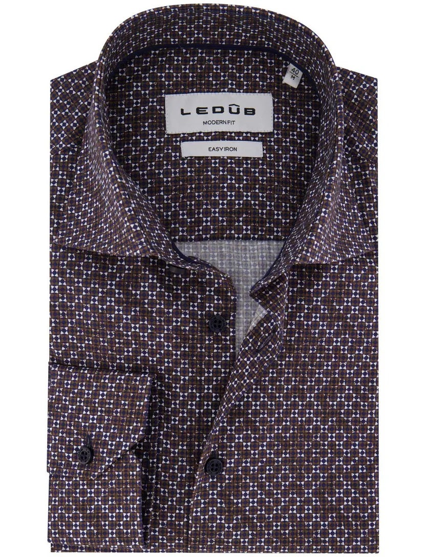 Ledub overhemd bruin geprint Modern Fit 100% katoen