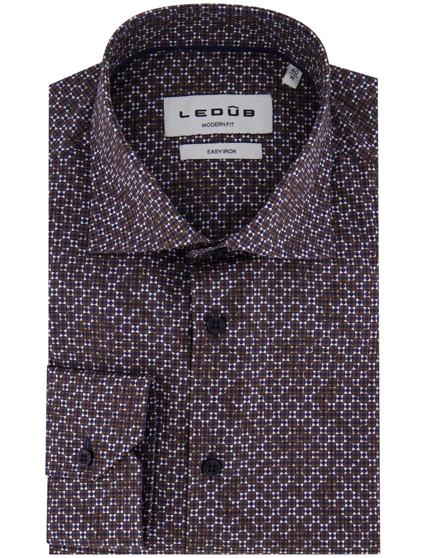 Ledub overhemd bruin geprint Modern Fit 100% katoen