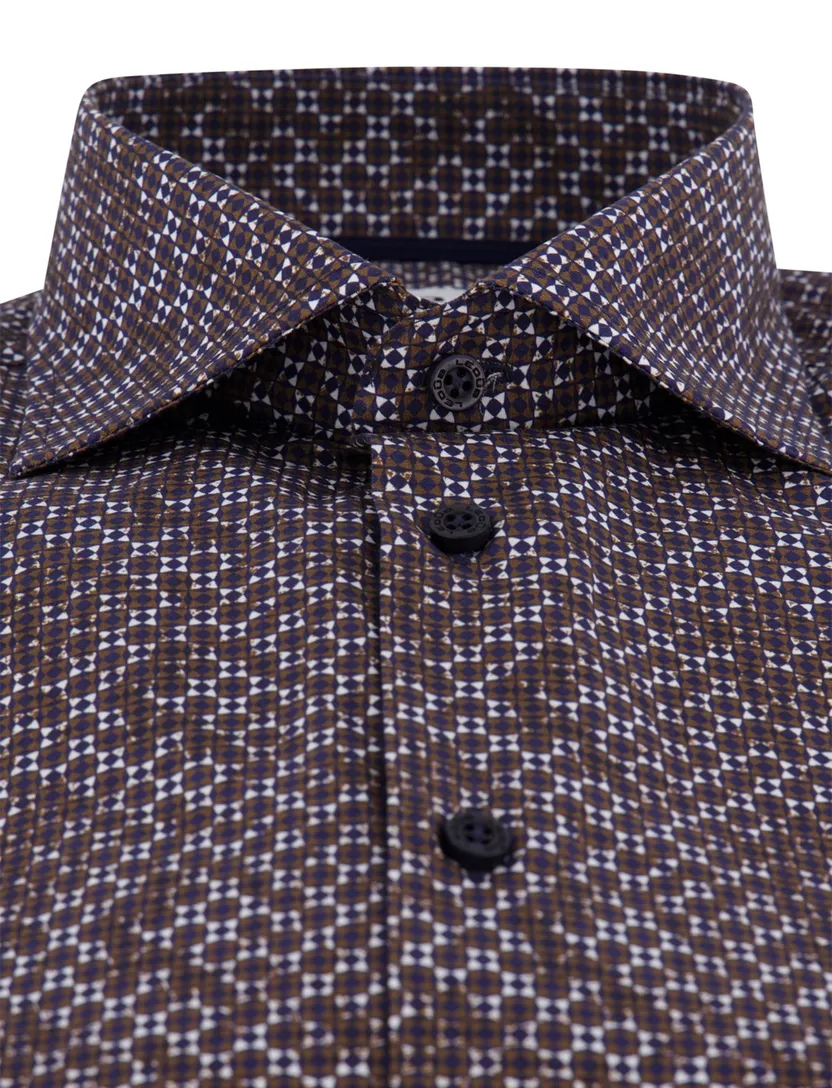 Ledub overhemd bruin geprint Modern Fit 100% katoen