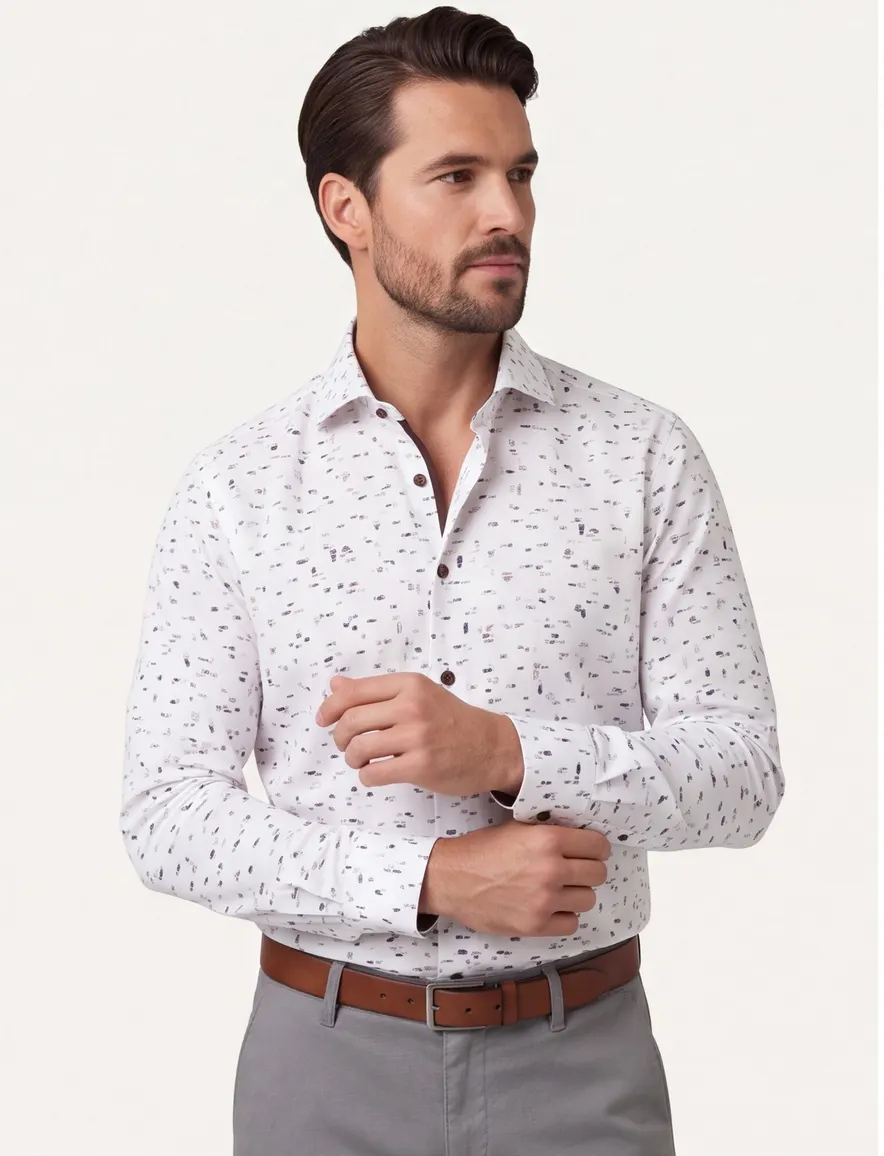 Ledub overhemd wit geprint Modern Fit easy iron