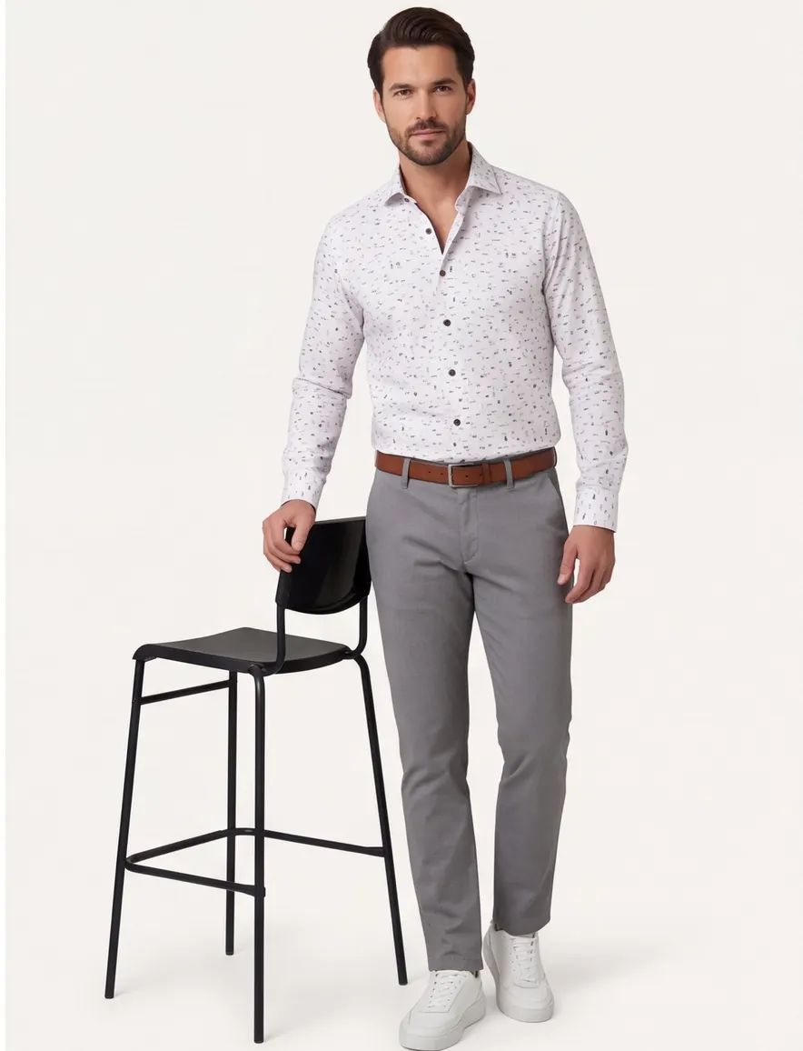 Ledub overhemd wit geprint Modern Fit easy iron