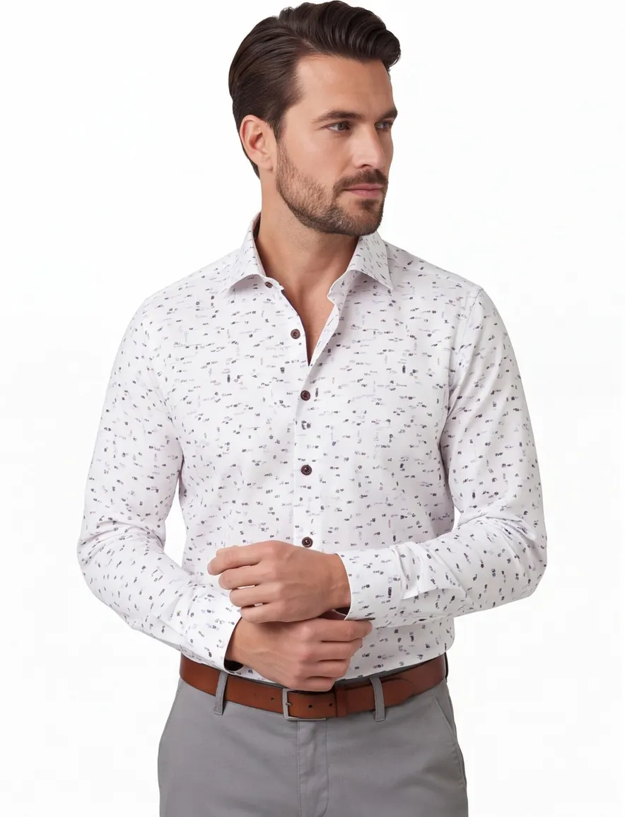 Ledub overhemd wit geprint Modern Fit easy iron