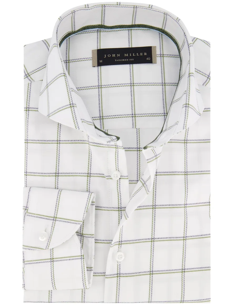 John Miller overhemd Tailored Fit wit groen en paars geruit