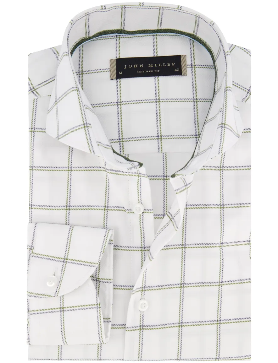 John Miller overhemd Tailored Fit wit groen en paars geruit