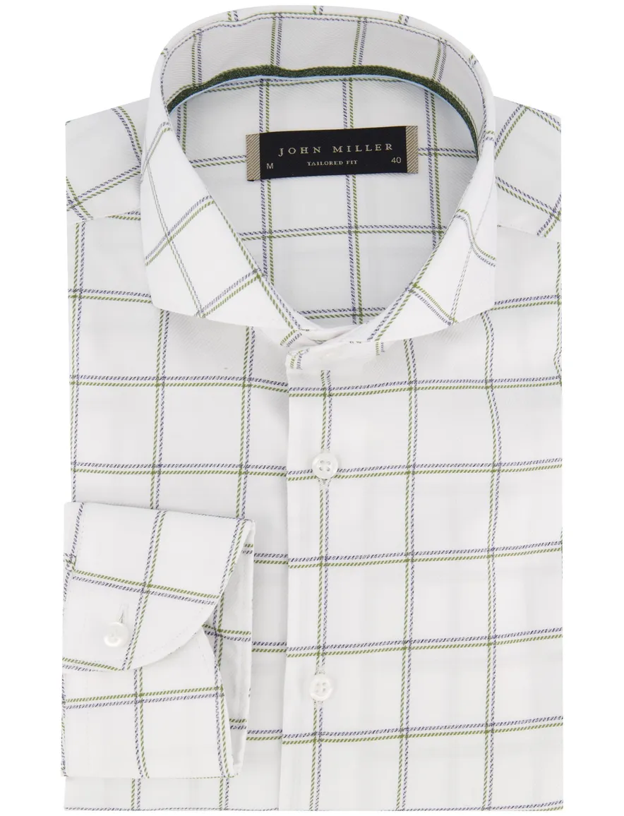 John Miller overhemd Tailored Fit wit groen en paars geruit