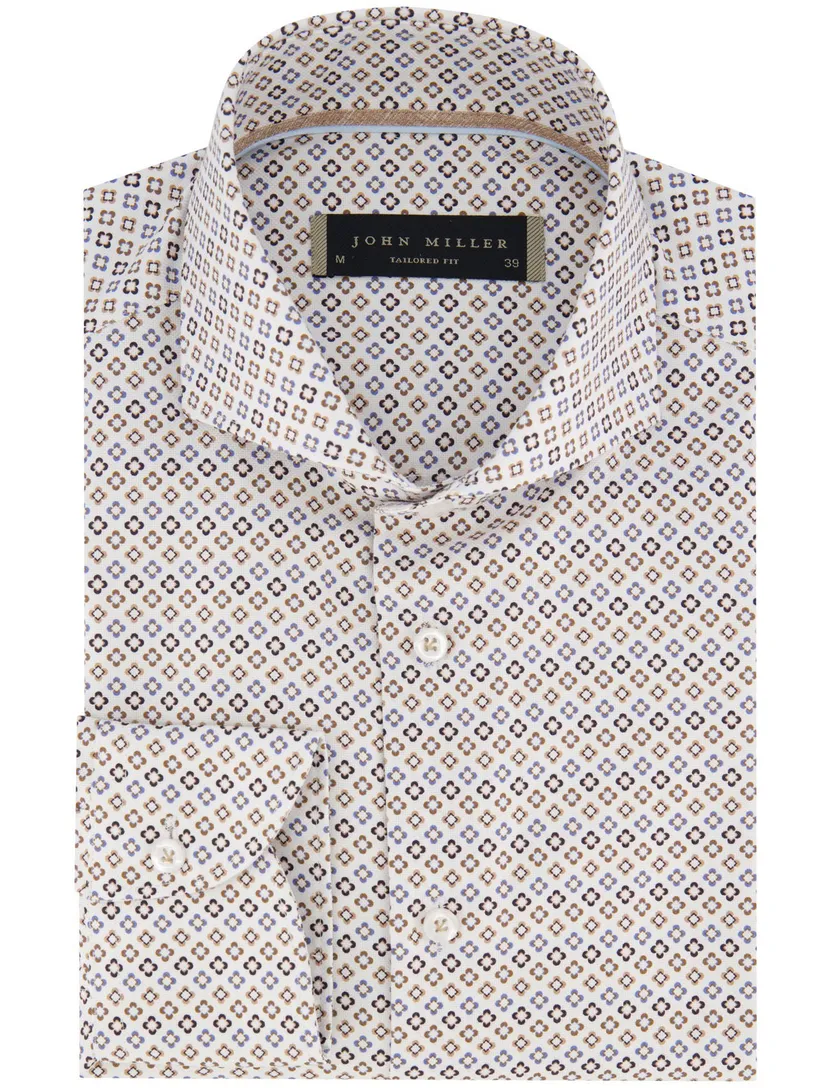 overhemd John Miller Tailored Fit bruin wit geprint cutaway