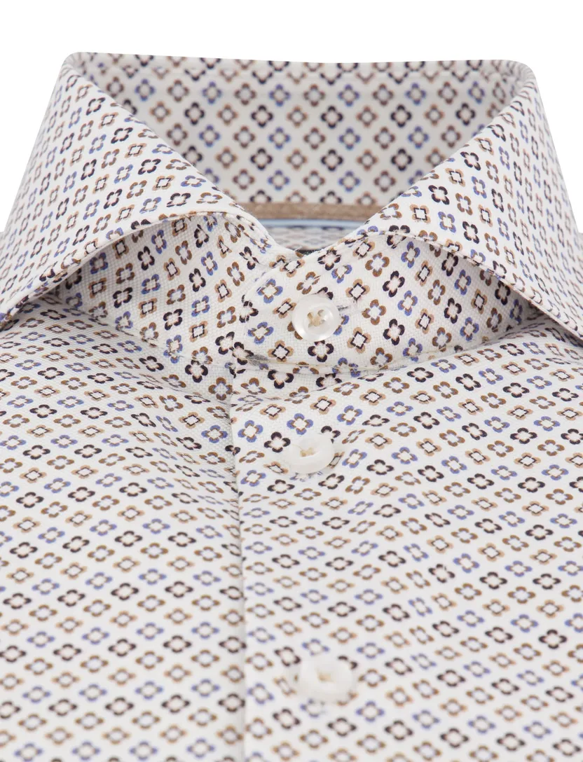 overhemd John Miller Tailored Fit bruin wit geprint cutaway