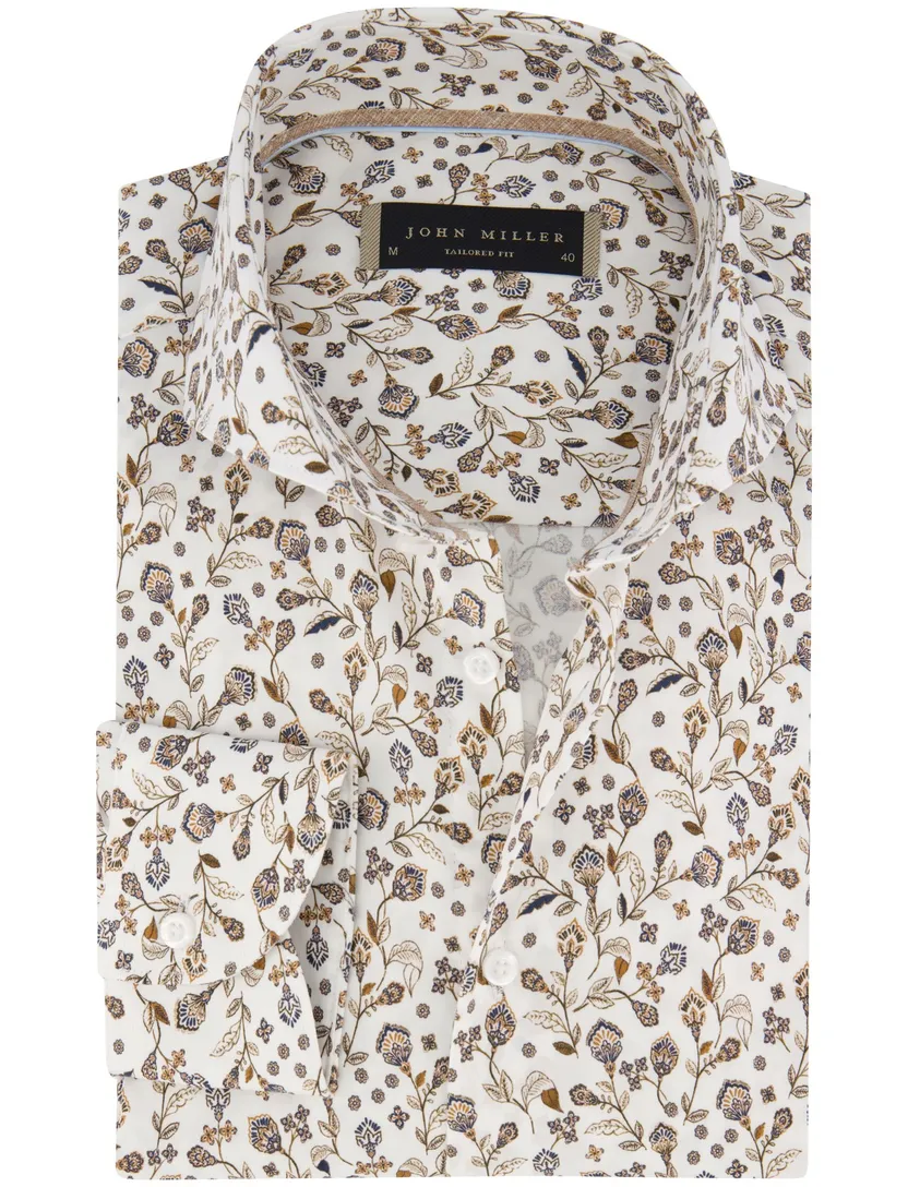 overhemd John Miller Tailored Fit mouwlengte 7 wit bruin bloemen print
