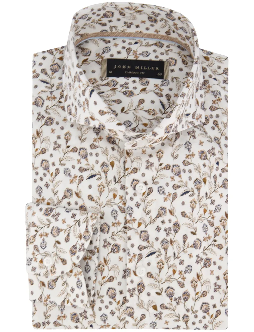 overhemd John Miller Tailored Fit mouwlengte 7 wit bruin bloemen print