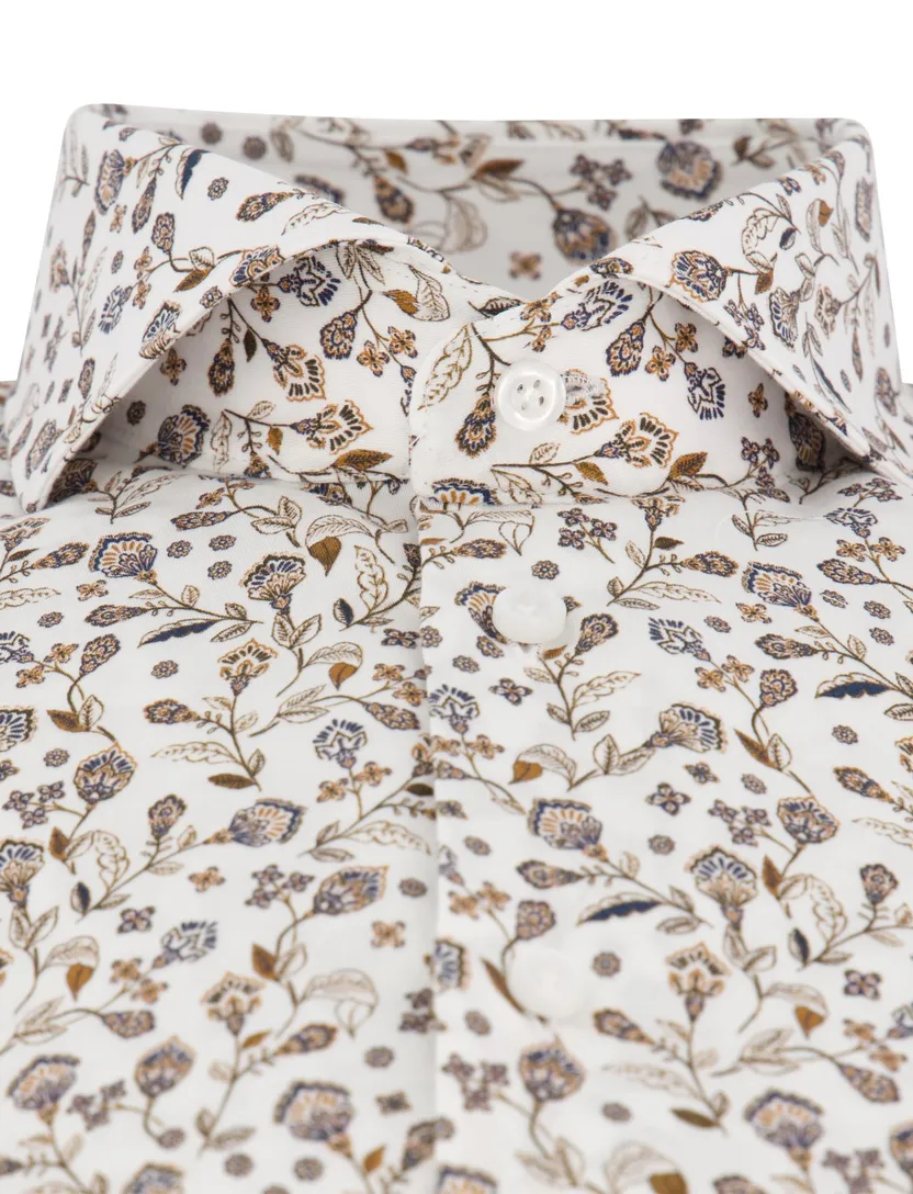 overhemd John Miller Tailored Fit mouwlengte 7 wit bruin bloemen print