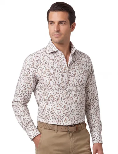 John Miller overhemd John Miller Tailored Fit mouwlengte 7 wit bruin bloemen print