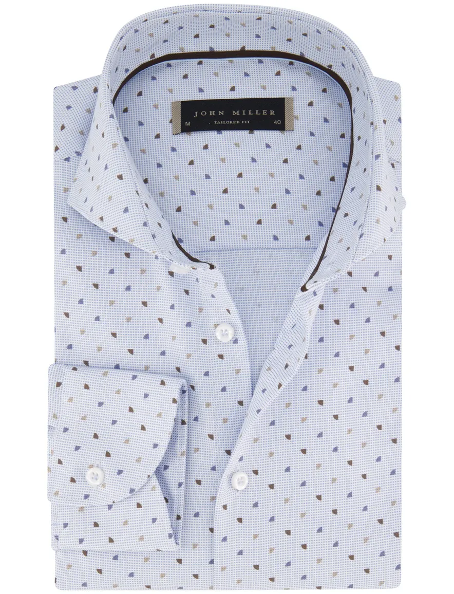 John Miller overhemd Tailored Fit mouwlengte 7 blauw bruin geprint