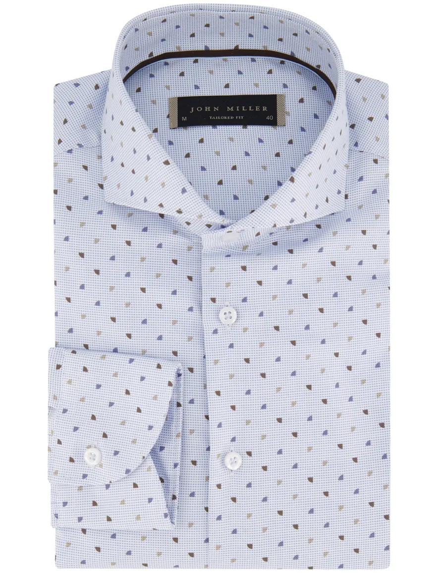 John Miller overhemd Tailored Fit mouwlengte 7 blauw bruin geprint
