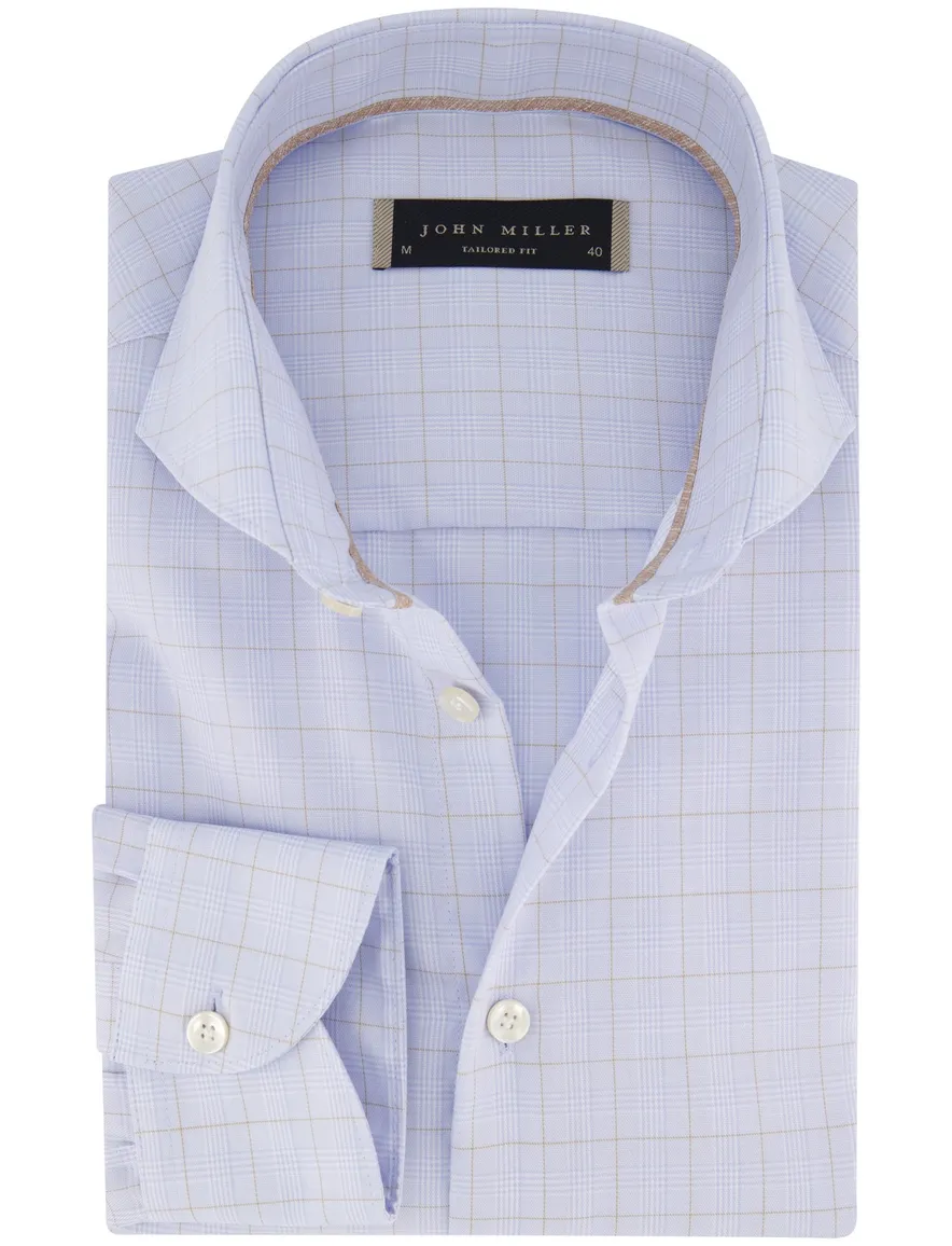 John Miller Tailored Fit overhemd lichtblauw bruin geruit