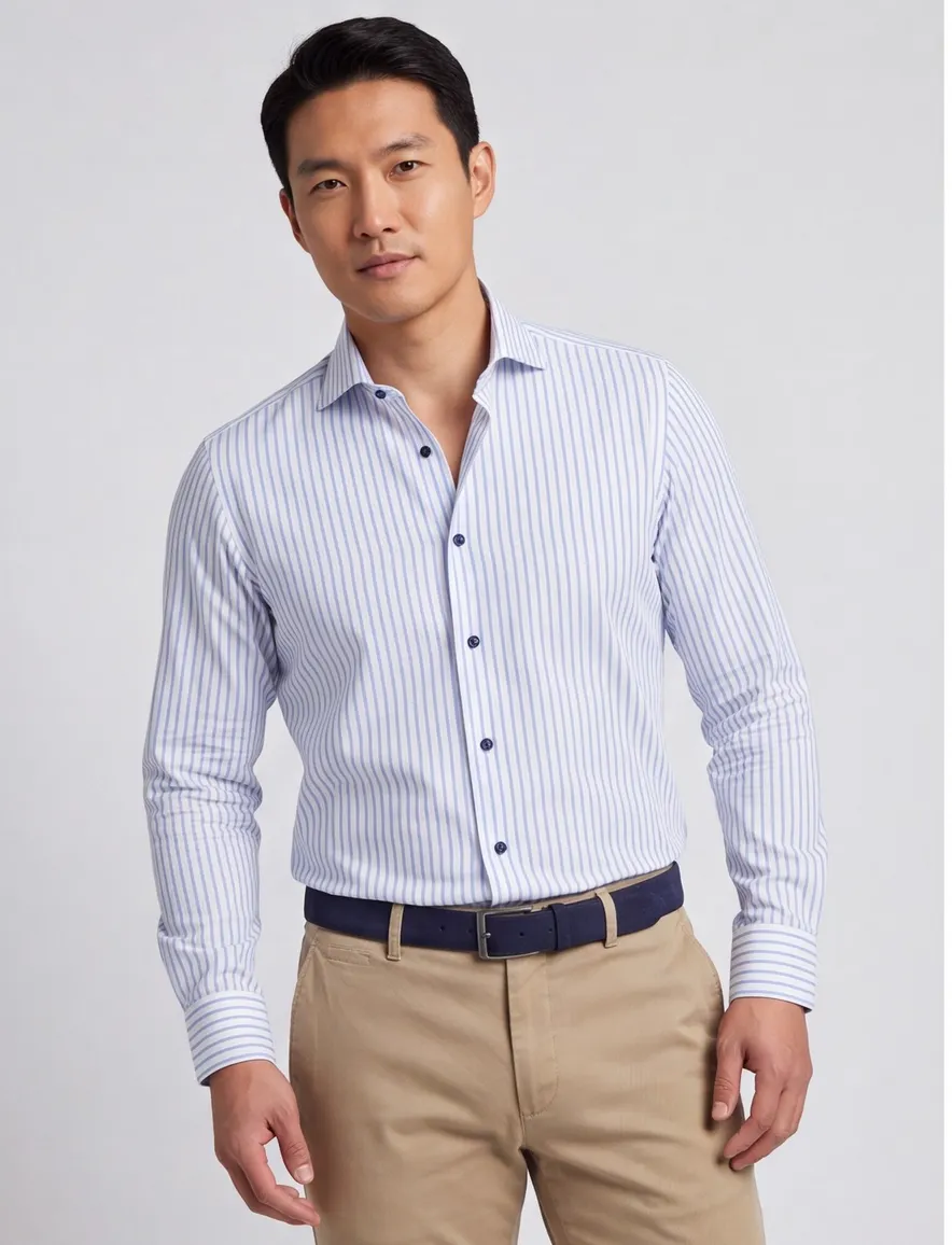 John Miller overhemd lichtblauw wit gestreept katoen