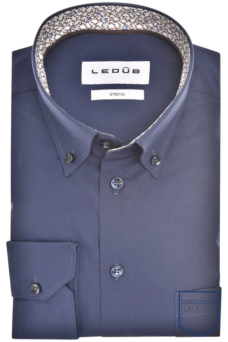 katoenen overhemd Ledub effen donkerblauw normale fit