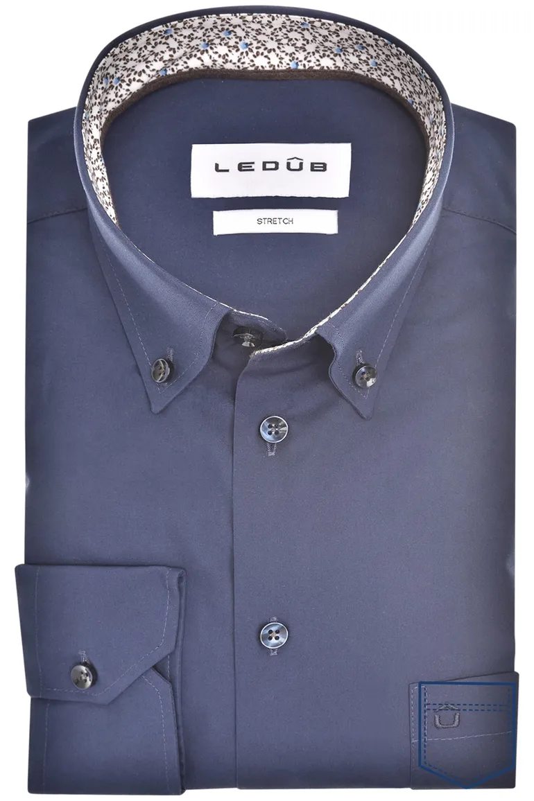 Ledub overhemd effen donkerblauw katoen normale fit