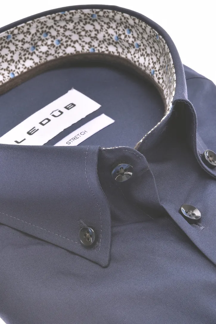 katoenen overhemd Ledub effen donkerblauw normale fit