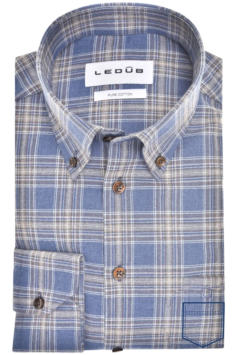 katoenen overhemd Ledub blauw geruit normale fit