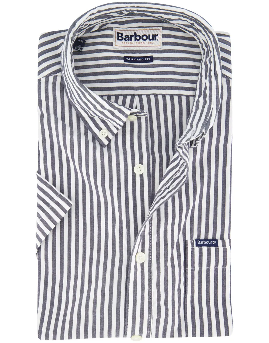Barbour overhemd donkerblauw-wit gestreept korte mouw button-down