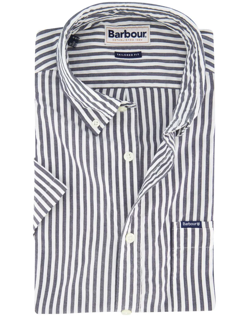 Barbour overhemd donkerblauw-wit gestreept korte mouw met borstzak
