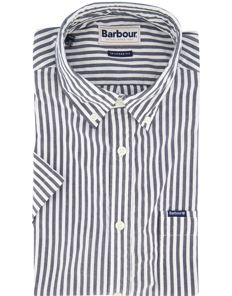 Barbour overhemd donkerblauw-wit gestreept korte mouw button-down