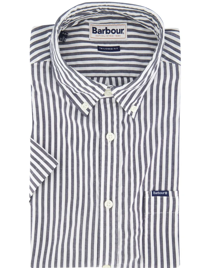 Barbour overhemd donkerblauw-wit gestreept korte mouw met borstzak