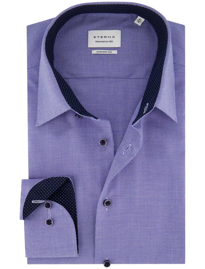 overhemd Eterna blauw Comfort Fit patroon strijkvrij