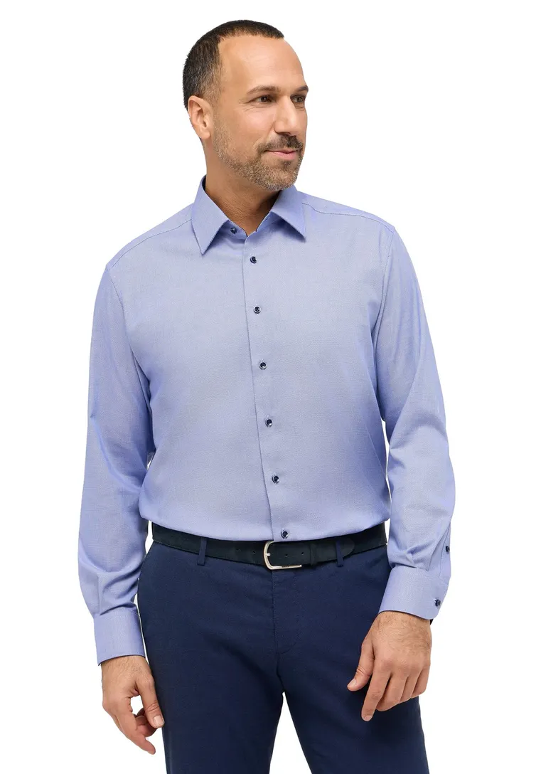 overhemd Eterna blauw Comfort Fit patroon strijkvrij