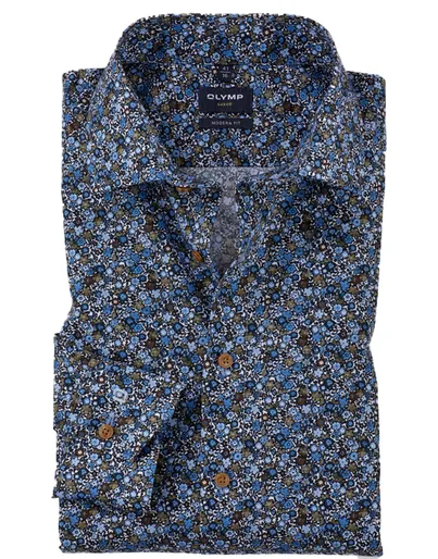Olymp Olymp Luxor Modern Fit overhemd mouwlengte 7 blauw bloemen
