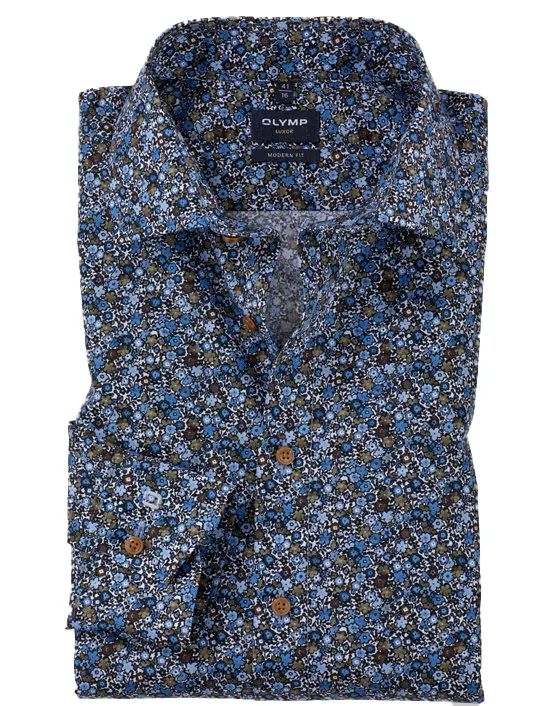 Olymp Luxor Modern Fit overhemd mouwlengte 7 blauw bloemen