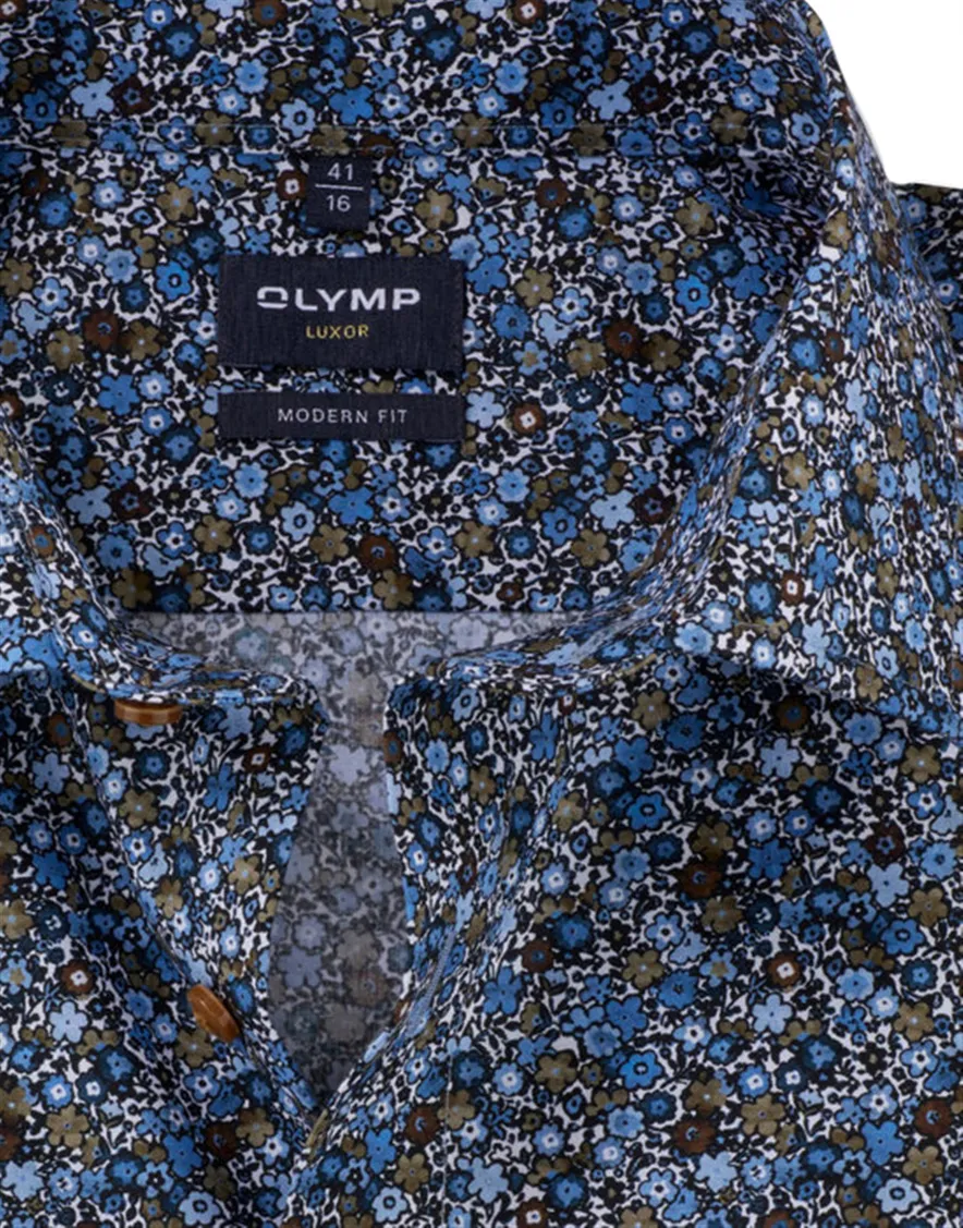 Olymp Luxor Modern Fit overhemd mouwlengte 7 blauw bloemen