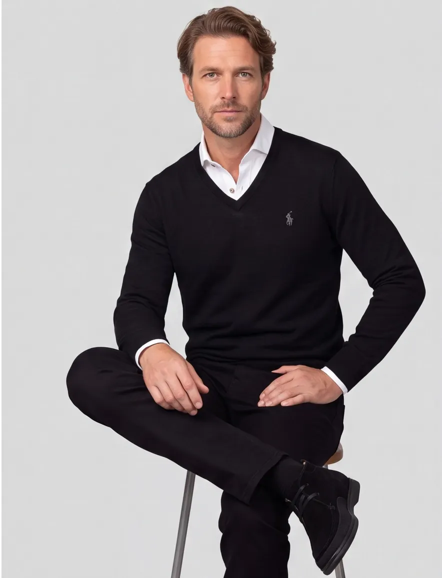 Polo Ralph Lauren trui zwart Slim Fit V-hals gebreid