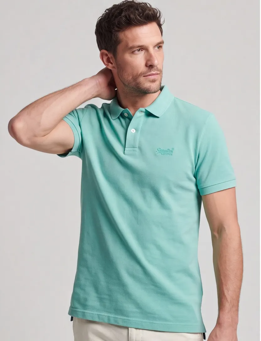 Superdry polo turquoise effen pique 2-knoops