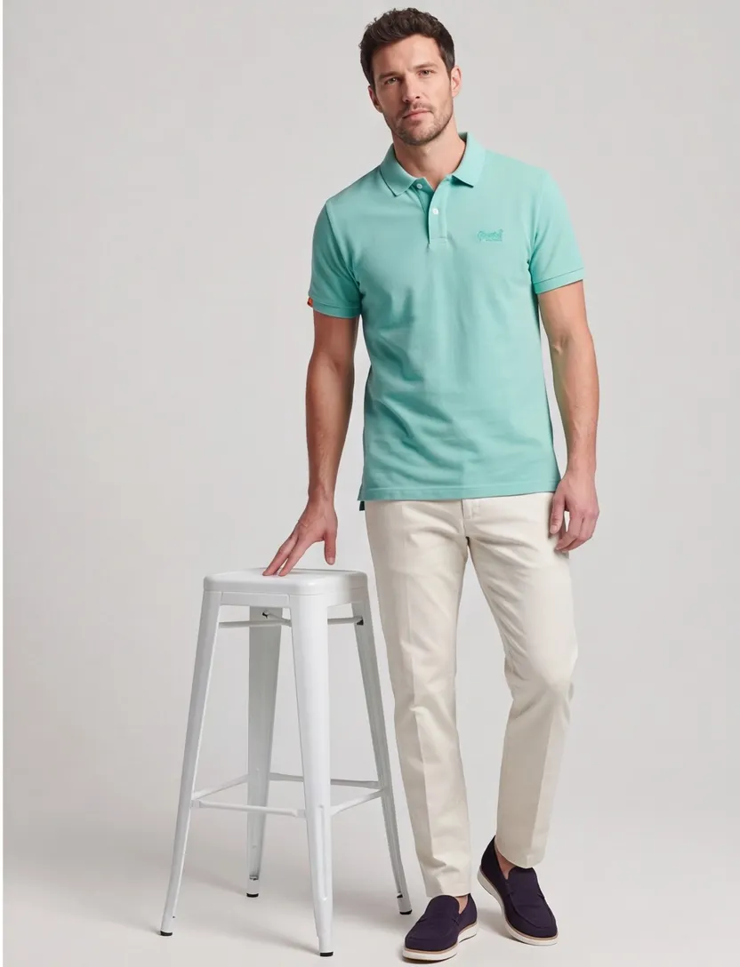 Superdry polo turquoise effen pique 2-knoops