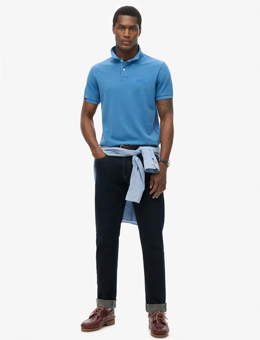 Superdry polo 2-knoops middenblauw pique korte mouw