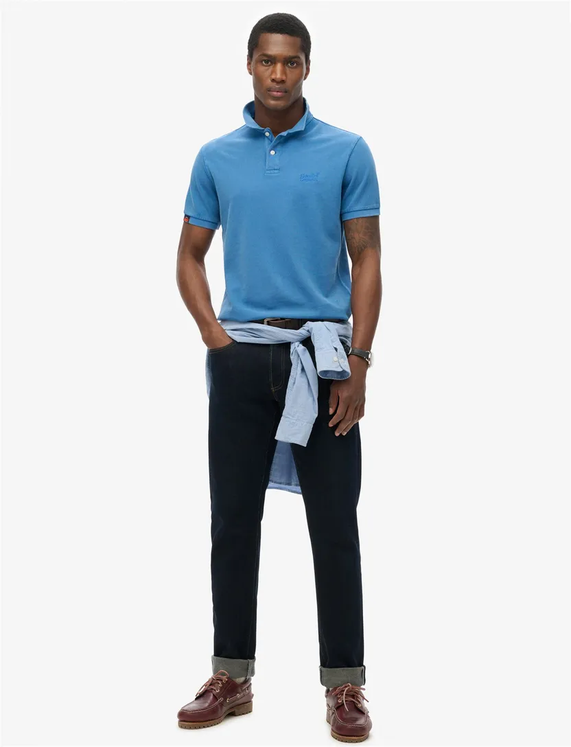 Superdry polo middenblauw pique korte mouw 2-knoops