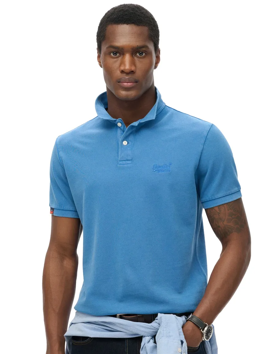 Superdry polo 2-knoops middenblauw pique korte mouw