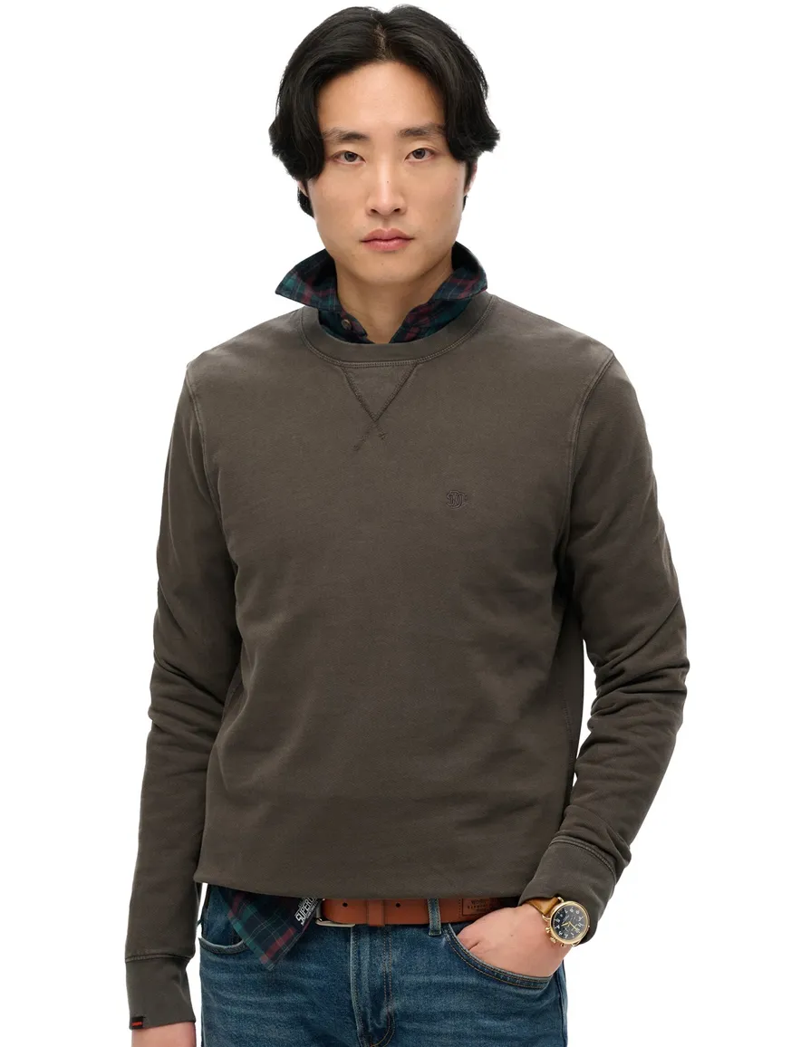 Superdry sweater bruin effen ronde hals katoen