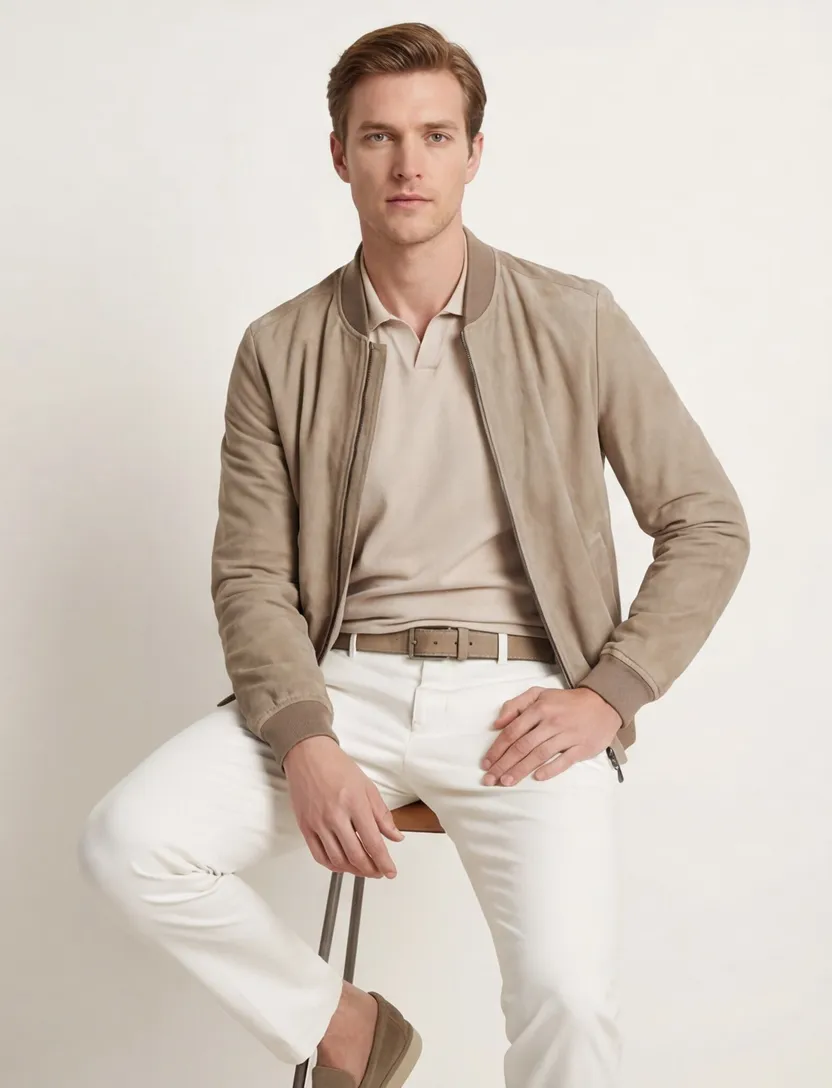 Corneliani bomberjas beige effen lamsleer normale fit