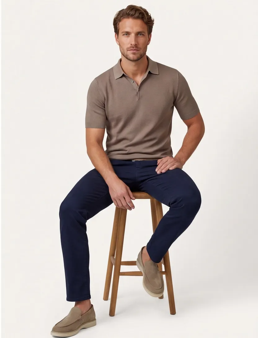 katoenen Thomas Maine polo taupe met boord normale fit