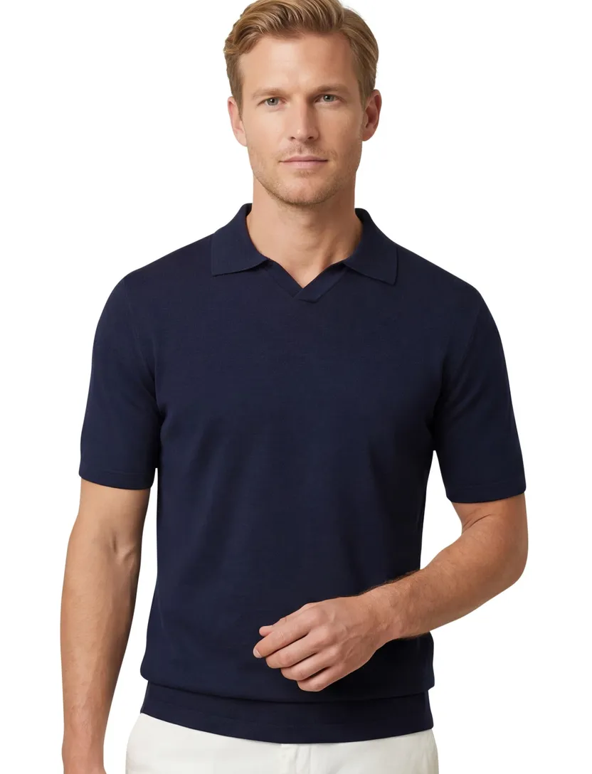 Thomas Maine polo donkerblauw v-hals katoen