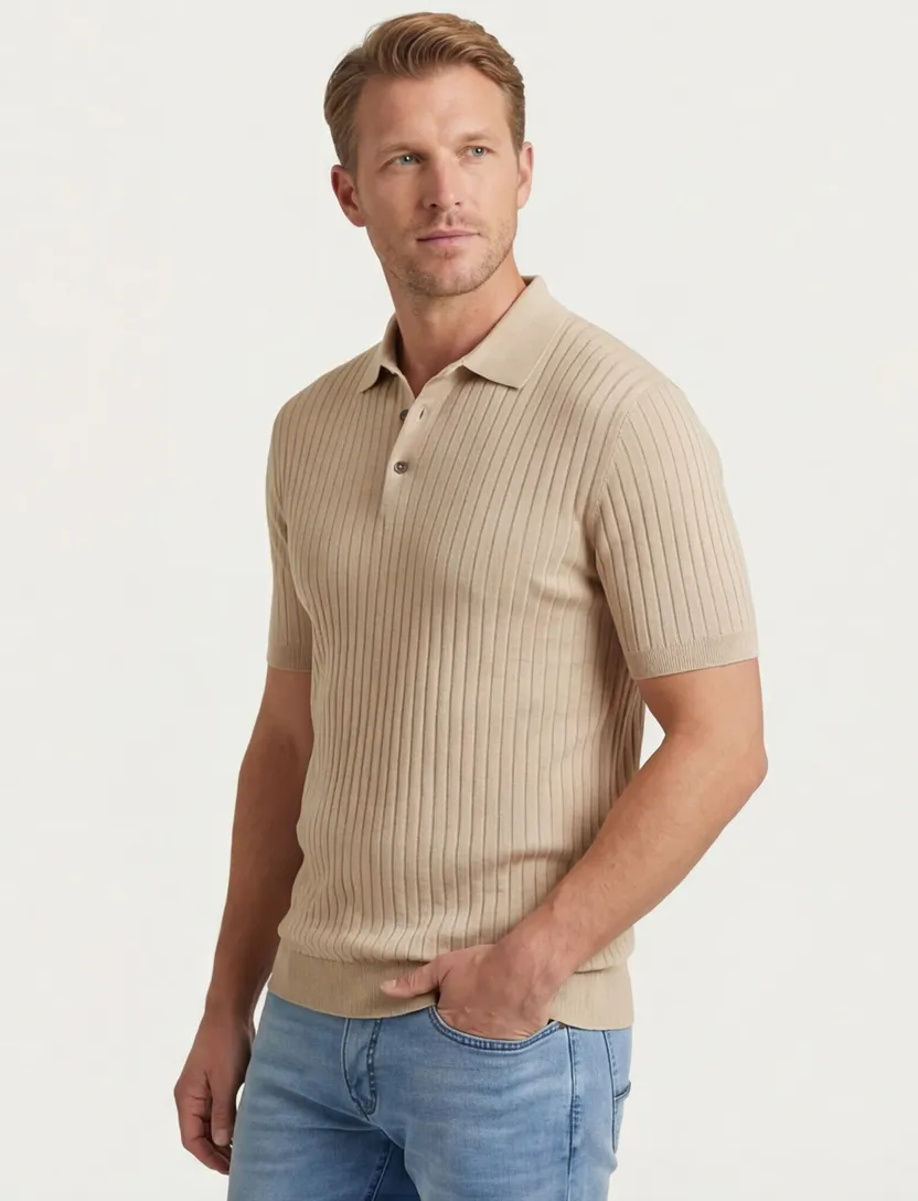 Thomas Maine polo trui camel lyocell 3-knoops