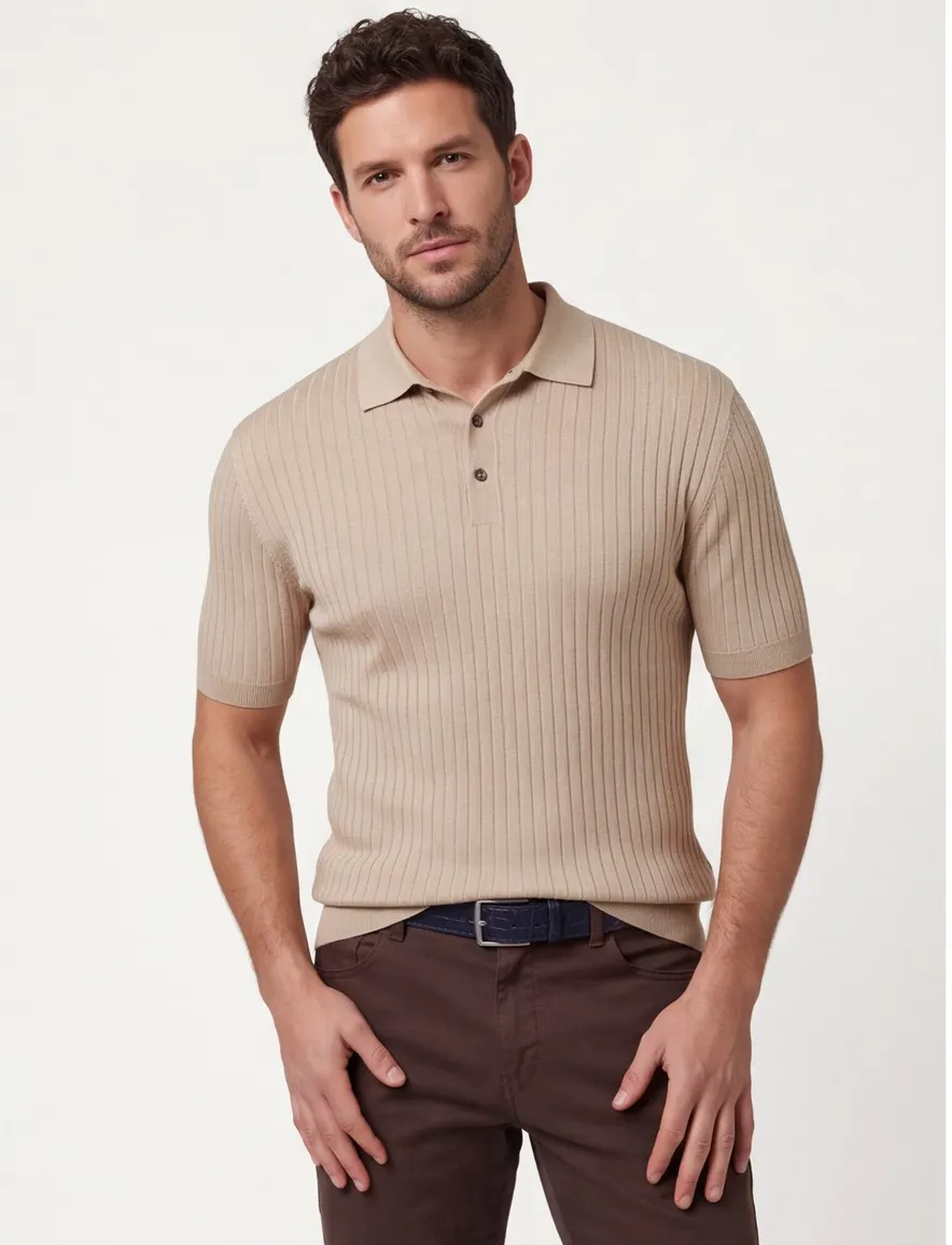 Thomas Maine polo trui camel lyocell met boord