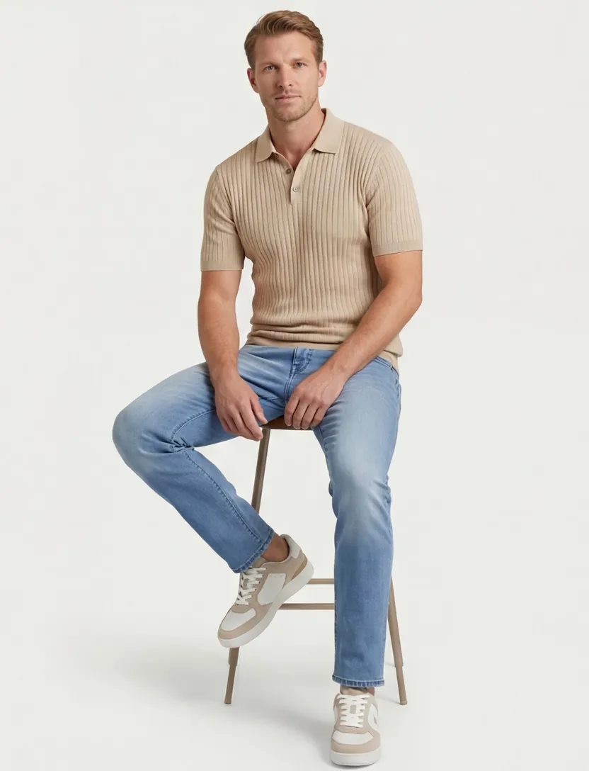 Thomas Maine polo trui camel lyocell 3-knoops